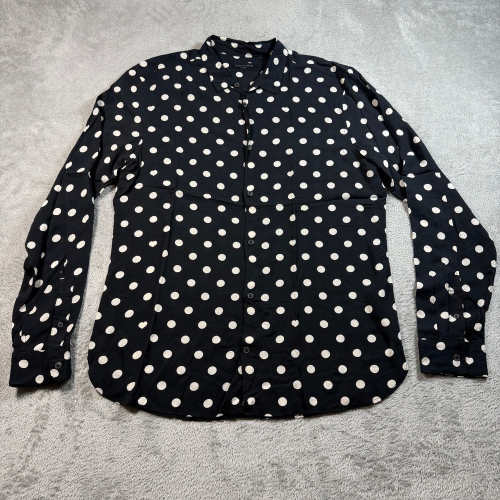 AllSaints Long Sleeve Shirt Mens Medium Black Polka Dot Viscose